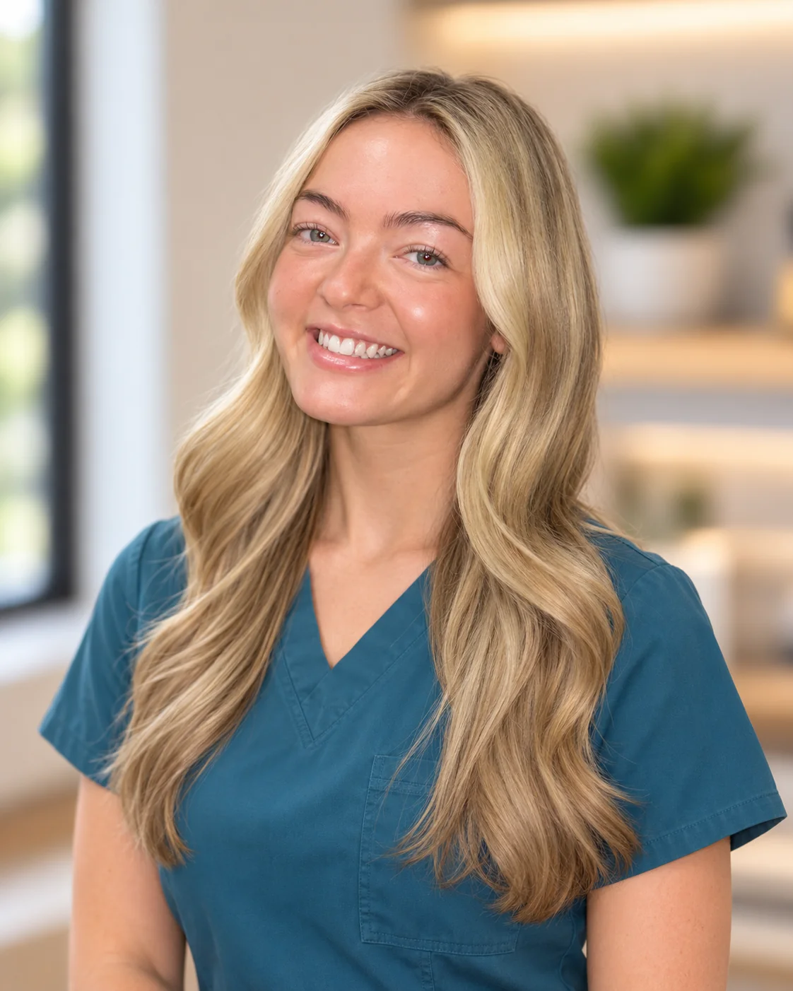 Sydney Harris, a phlebotomy technician and medical assistant trainee, smiling in teal scrubs.